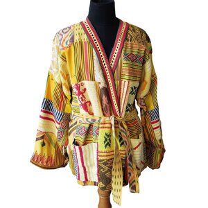 Ambre Babzoe Giacca Yellow Multi Patchwork Kantha Kimono Belted Boho Jacket